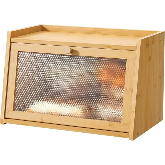 Large Farmhouse Bread Box with Window - Natural Wood Bread Storage Container for Kitchen Countertop