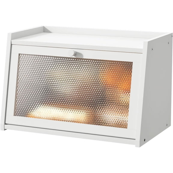 Large Farmhouse Bread Box with Window -White Natural Wood Storage Container for Kitchen Countertop