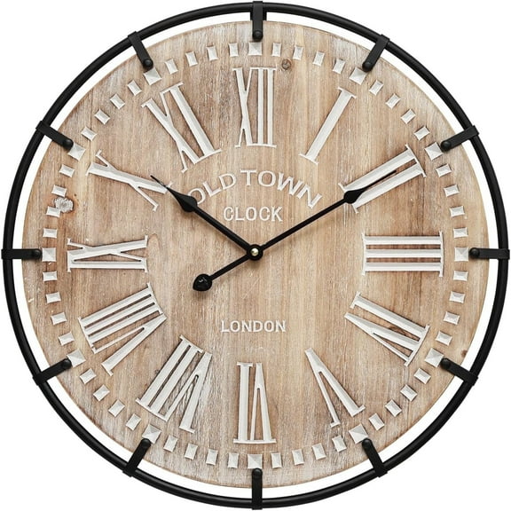 MODE HOME 24 inch Farmhouse Rustic Wall Clock, Silent Battery Operated with Metal Circle and Engraved Numerals