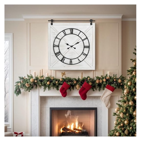 Large Farmhouse Wall Clock,Rustic Barn Door Wall Clocks for Living Room Decor, Battery Operated 29.5" H x 27" W, Whitewash