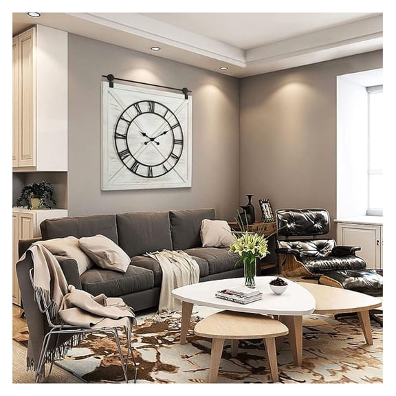 Large Farmhouse Wall Clock,Rustic Barn Door Wall Clocks for Living Room Decor, Battery Operated 29.5" H x 27" W, Whitewash