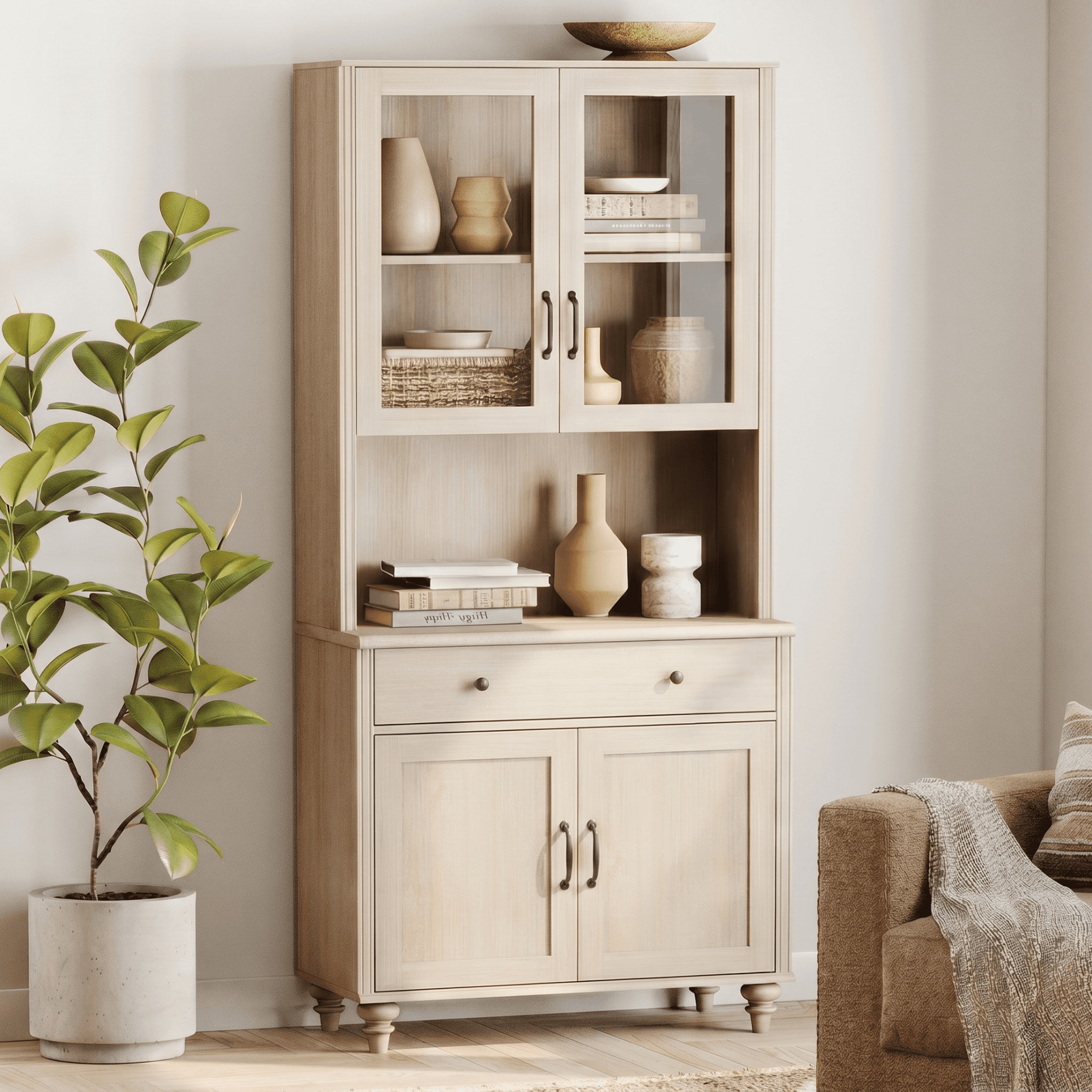 Large Farmhouse Wooden Bookcase with Storage Cabinet, Freestanding Library Bookshelf for Living Room, Office, Study Room & Kitchen, Beige