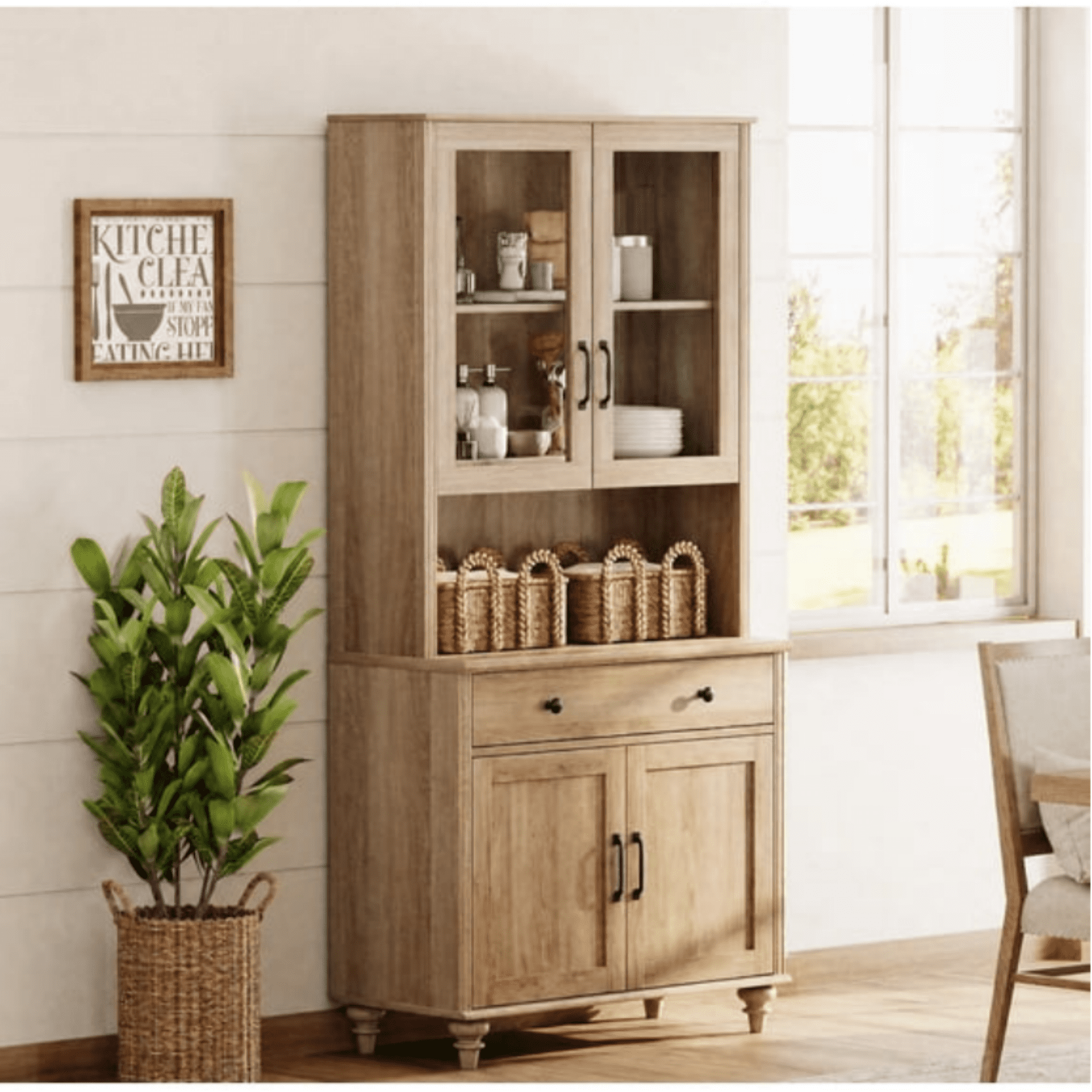 Large Farmhouse Wooden Bookcase with Storage Cabinet, Freestanding Library Bookshelf for Living Room, Office, Study Room & Kitchen, Oak