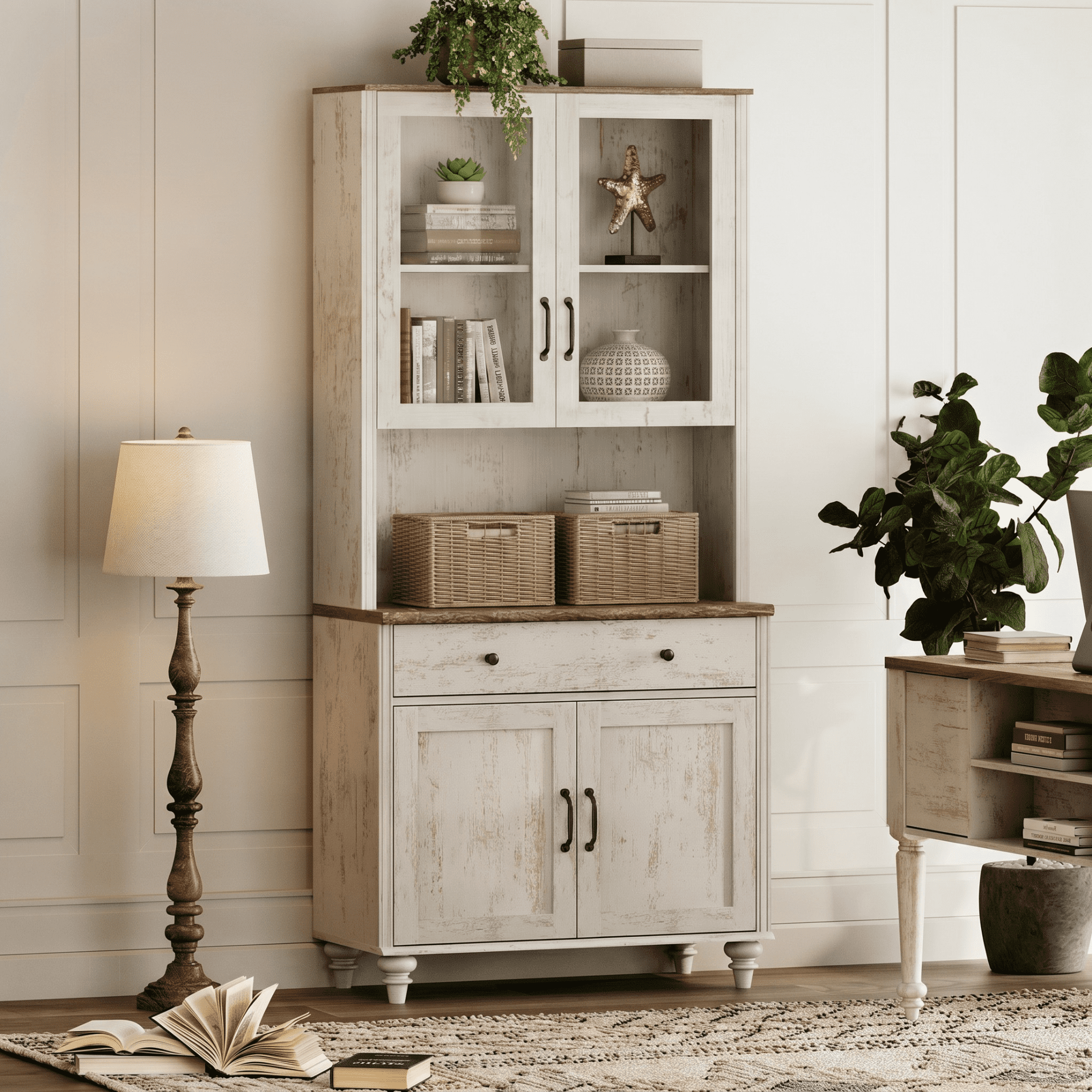 Large Farmhouse Wooden Bookcase with Storage Cabinet, Freestanding Library Bookshelf for Living Room, Office, Study Room & Kitchen, Rustic white