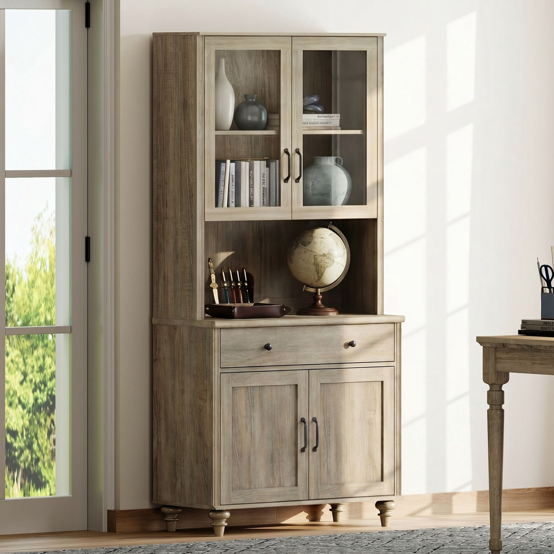 Large Farmhouse Wooden Bookcase with Storage Cabinet, Freestanding Library Bookshelf for Living Room, Office, Study Room & Kitchen, Wash Gray