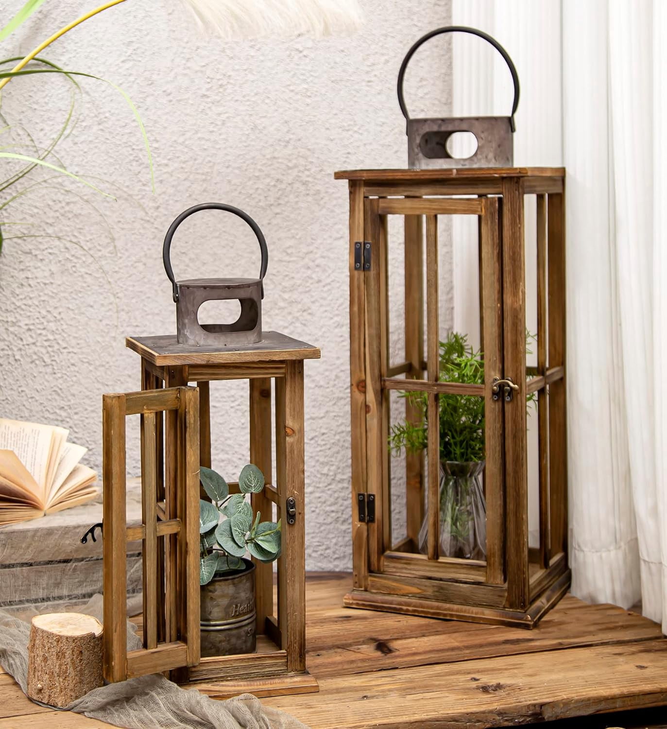 Large Farmhouse Wooden Metal Lantern Set of 2, Rustic Decorative Floor Candle Lanterns, Vintage Distressed Hanging Lanterns for Home Décor (No Glass)