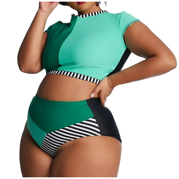 Large Fashion Women Plus Size Swimwear Split High Printing Stitching Women's Waist Stripe Swimwear