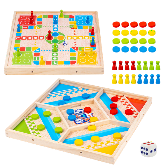 Large Fast Sling Puck Game,2 in 1 Colorful Wooden Hockey Game with Ludo Board Game,4 Player Battle Game,Family or Party with Friends