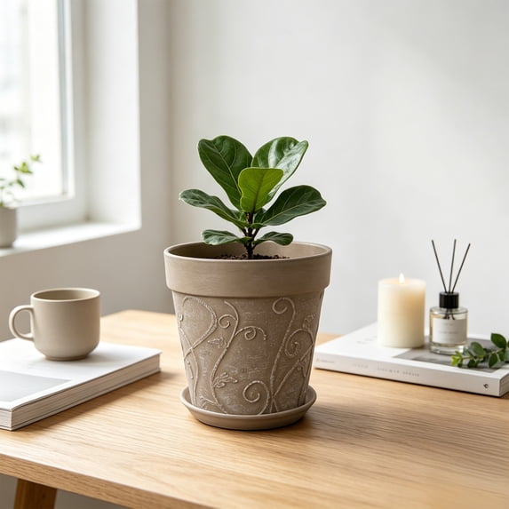 Large Faux Ceramic Embossed Planter with Sturdy Plastic Construction and Removable Tray, Modern Plant Pot for Flowers, Greenery, and Home Garden Decoration.