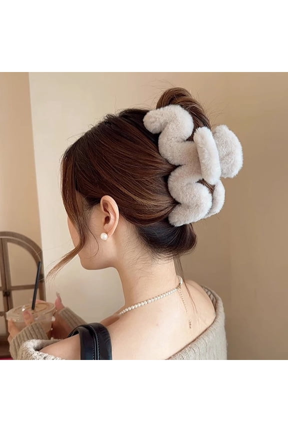 Large Faux Fur Hair Claw Clips, Non-slip Plush Shark Clips for Thick & Thin Hair, Fashion Wave Hair Accessories for Women Girls, Ideal for Fall & Winter Daily Wear