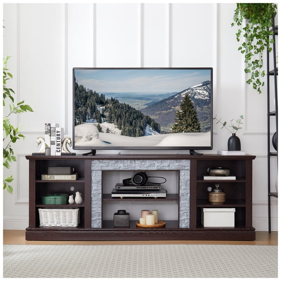 Large Faux Stacked Stone TV Stand, Desk Storage Rack, Media Console Table with Large Storage Cabinet, Modern TV Media Entertainment Stand, Cherry