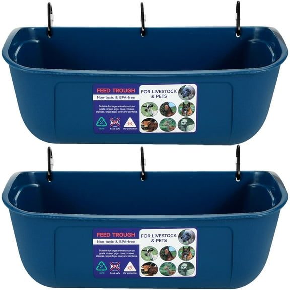 Large Feed Trough, Hanging or Screw-in Fence Feeder with Clips, 2 Pack 9 Quart Goat Feeding Supplies, Dog Horse Hog Pig Livestock Poultry Plastic Feeder Trough Bucket for Large Animal, Blue