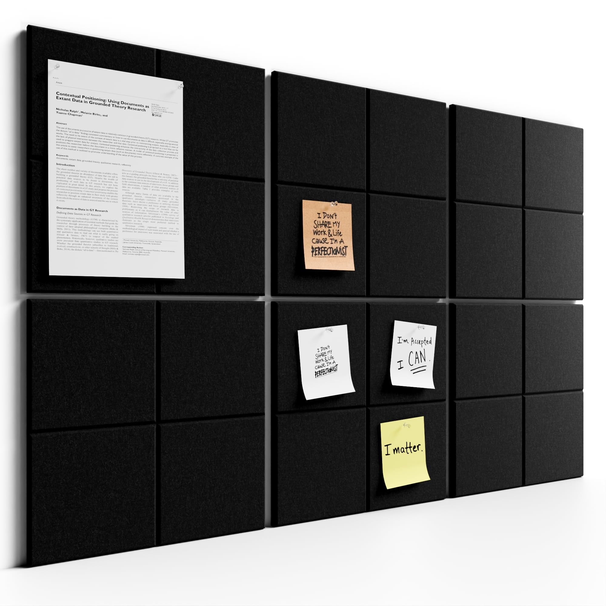 Large Felt Bulletin Board  36" X 24" Cork Alternative 6-pack Wall Tiles With 4-compartment Design 30 Push Pins 40 Adhesive Tabs Ideal For Office & Home Decor Black