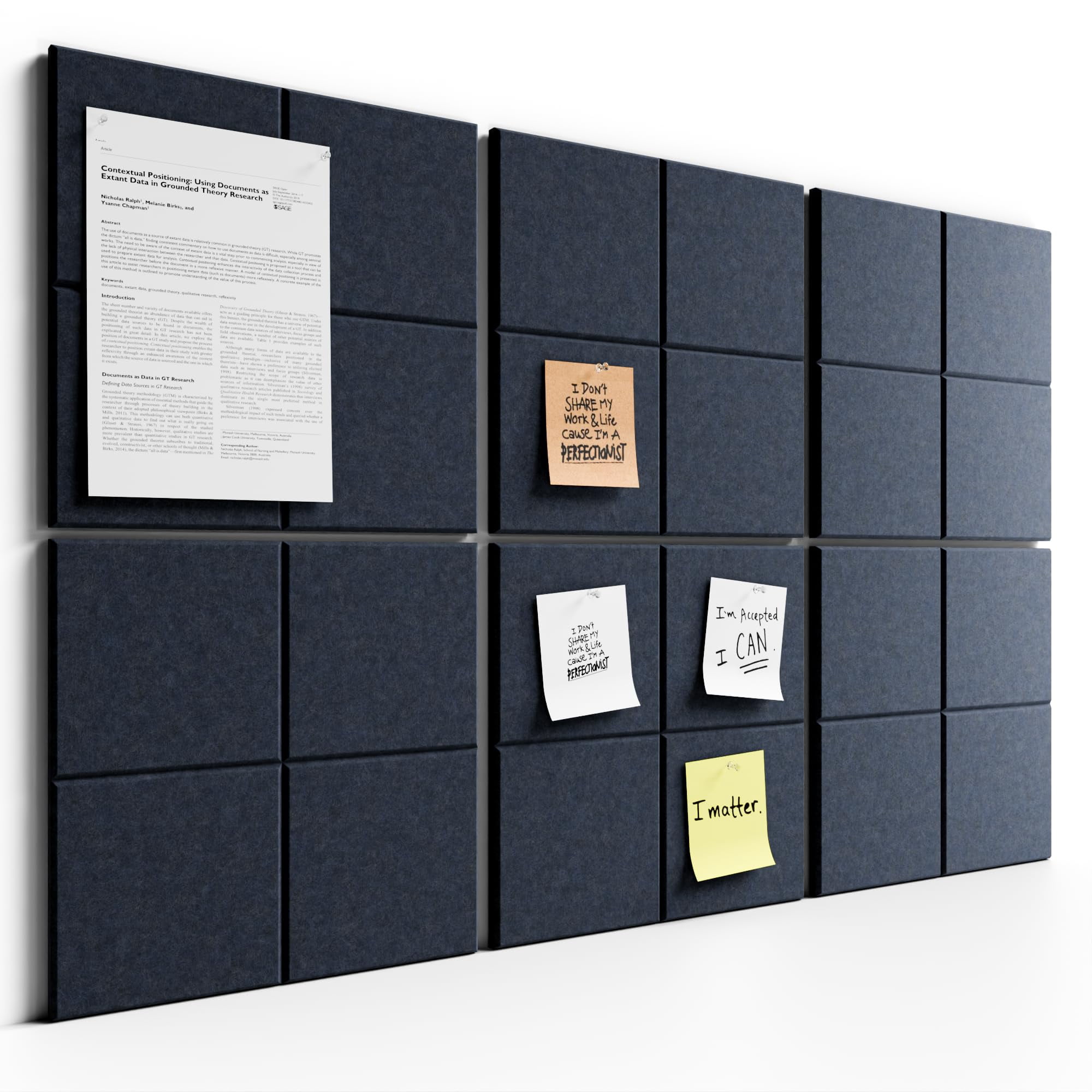 Large Felt Bulletin Board  36" X 24" Cork Alternative 6-pack Wall Tiles With 4-compartment Design 30 Push Pins 40 Adhesive Tabs Ideal For Office & Home Decor Deep Charcoal Blue