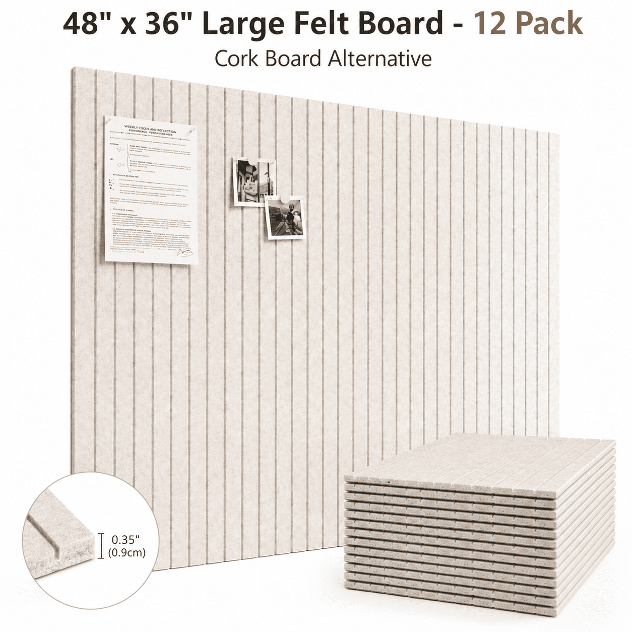 Large Felt Bulletin Board 48" x 36" – Cork Board Alternative, 12 Pack with 70 Safe Removable Adhesive Tabs, Wall Pin Board for Home Office Classroom (Oatmeal)
