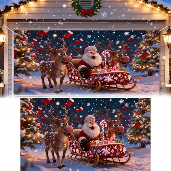 Large Festive Christmas Background for Holiday Parties and Santa Photography 7x16 Foot Garage Door Banner