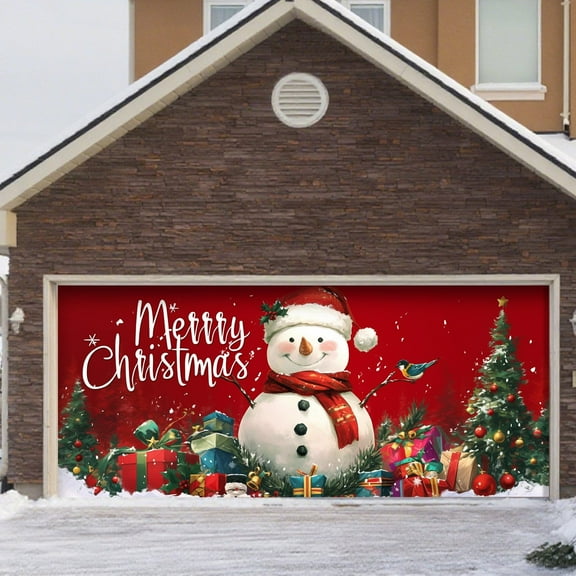 Large Festive Holiday Garage Door Banner Outdoor Welcome Sign Featuring Santa Sleigh Reindeer Snowman Design For Front Porch Season