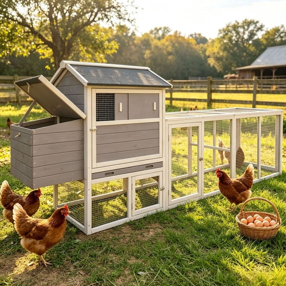 Large Fir Wood Chicken Coop, Waterproof Anti-UV House with Run & Nesting Box for Outdoor Poultry & Rabbits, Gray
