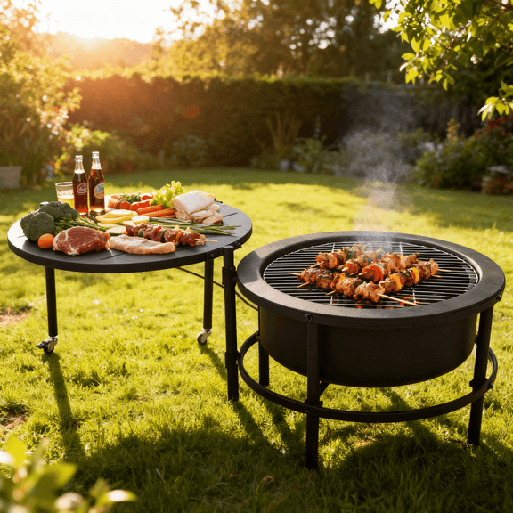 Large Fire Pits for Outside Cold Finished Steel BBQ Grill, 56 Inch Extra Outdoor Fire Pit with Grill and Roating Table,Outdoor Fire Pit for Patio, Backyard, Camping