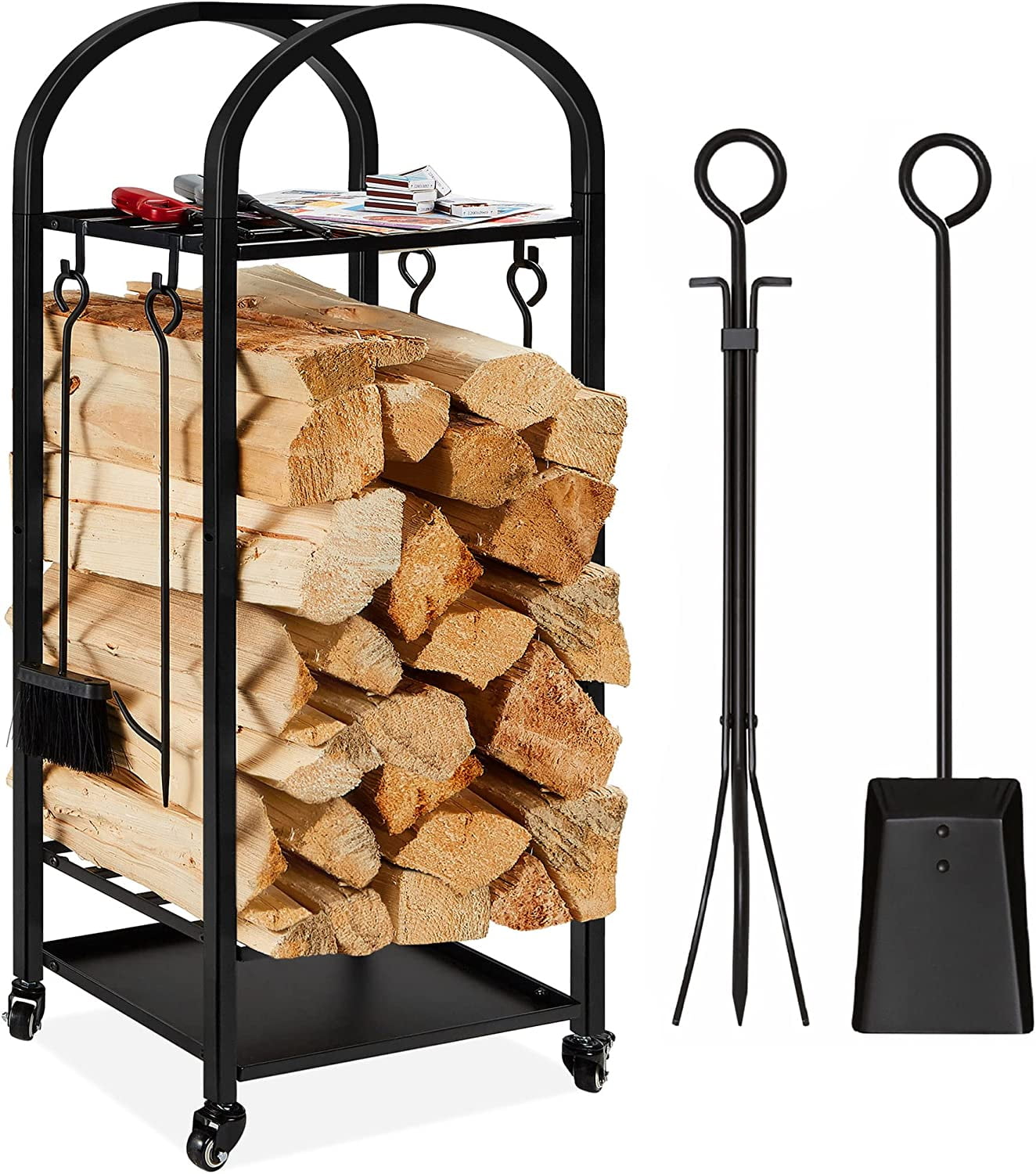 Large Firewood Log Rack, XL 4ft 3 Tier Wrought Iron Firewood Rack with Tools Wheels, Indoor