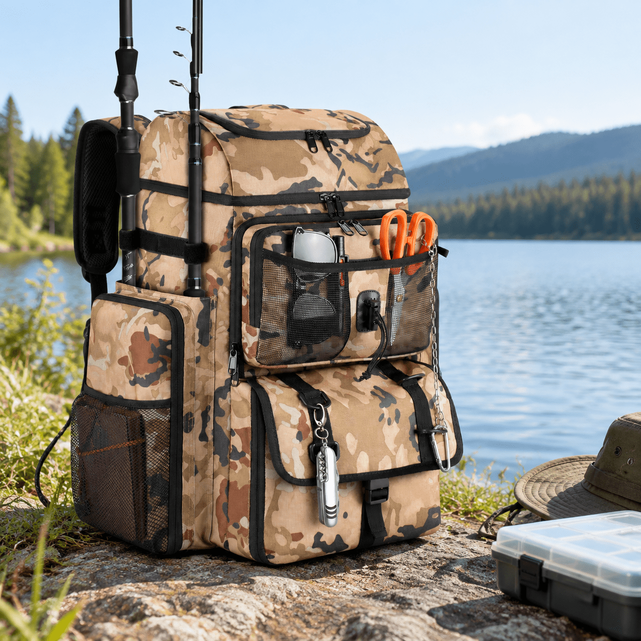 Large Fishing Tackle Bag with Rod Holders, Khaki Camo, 12.48 x 9.84 x 6 ...