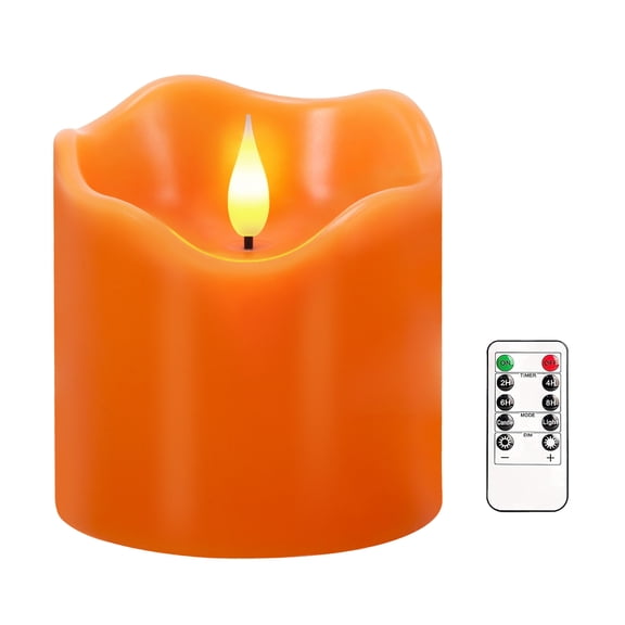 Large Flameless Candles, 4"x4" Flickering Fall LED Candles with Remote & Timer, Real Wax Electric Pillar Candles Battery Operated, Orange Candles Light for Autumn Thanksgiving Halloween Decor