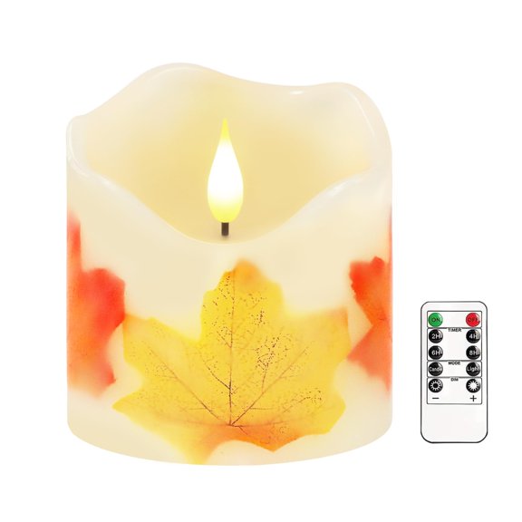 Large Flameless Candles, 4"x4" Flickering Maple Leaf LED Candles with Remote & Timer, Real Wax Electric Pillar Candles Battery Operated, Fall Candles Light for Home Thanksgiving Harvest Autumn Decor