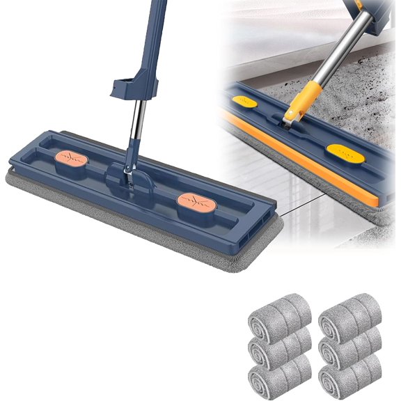Large Flat Mop, 360° Rotation Plus Flat Mop Set, Wet and Dry Large Self Wringing Flat with 4/6 Washable Microfiber Pads