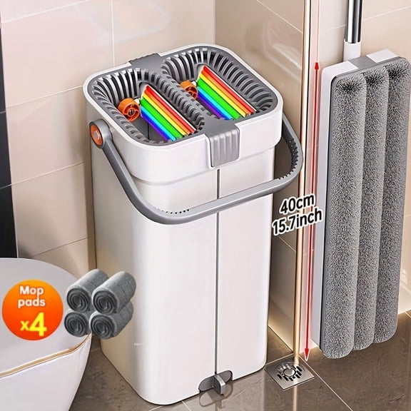 Large Flat Mop and Bucket Set with Wringer, 7-Layer Scraper System, Adjustable Handle, 4 Washable 15.74-Inch Microfiber Pads for Hardwood, Tile, Windows and Kitchen