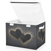 Large Fliplid Foldable Storage Bin Boxes Cubes Baskets with 2 Handles for Clothes Books 16.5x12.6x11.8 Inch Black Hearts with Gold Glitter
