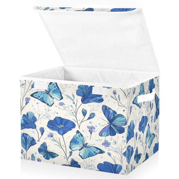 Large Fliplid Foldable Storage Bin Boxes Cubes Baskets with 2 Handles for Clothes Books 16.5x12.6x11.8 Inch Blue Butterfly and Flower