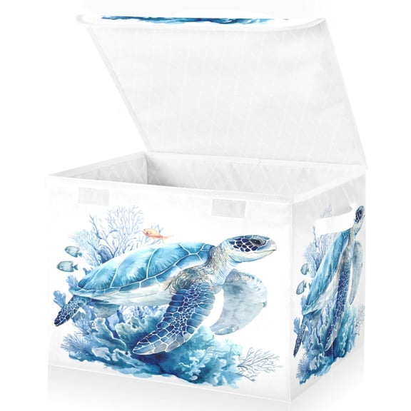 Large Fliplid Foldable Storage Bin Boxes Cubes Baskets with 2 Handles for Clothes Books 16.5x12.6x11.8 Inch Blue Sea Turtle Pattern