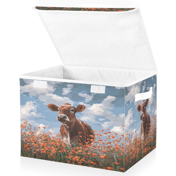 Large Fliplid Foldable Storage Bin Boxes Cubes Baskets with 2 Handles for Clothes Books 16.5x12.6x11.8 Inch Brown Cow