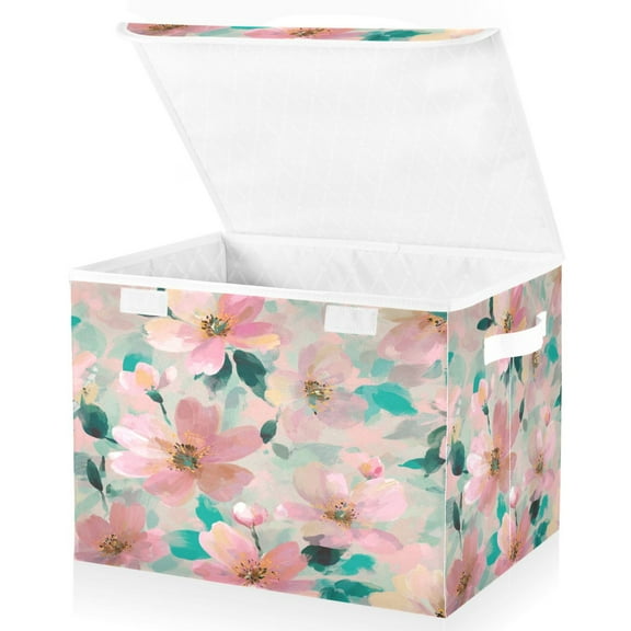 Large Fliplid Foldable Storage Bin Boxes Cubes Baskets with 2 Handles for Clothes Books 16.5x12.6x11.8 Inch Coral Floral Print