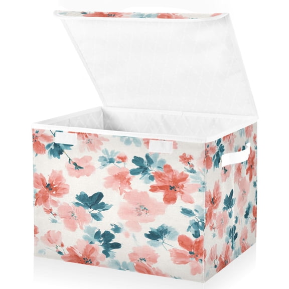 Large Fliplid Foldable Storage Bin Boxes Cubes Baskets with 2 Handles for Clothes Books 16.5x12.6x11.8 Inch Coral and Teal Floral Pattern