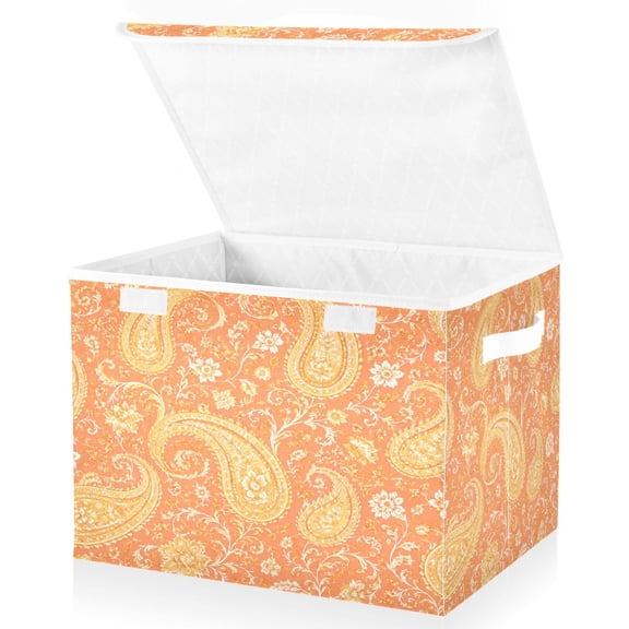 Large Fliplid Foldable Storage Bin Boxes Cubes Baskets with 2 Handles for Clothes Books 16.5x12.6x11.8 Inch Coral-colored Cashew Flower Pattern