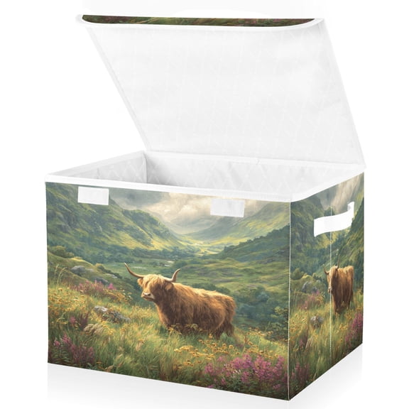 Large Fliplid Foldable Storage Bin Boxes Cubes Baskets with 2 Handles for Clothes Books 16.5x12.6x11.8 Inch Cow in Green Rolling Hills