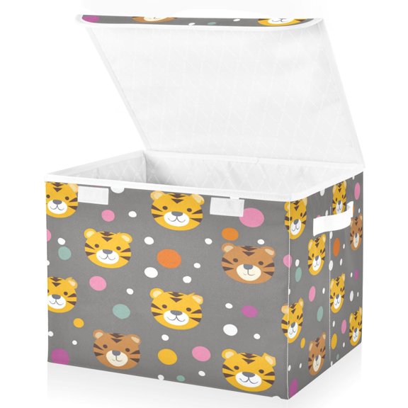 Large Fliplid Foldable Storage Bin Boxes Cubes Baskets with 2 Handles for Clothes Books 16.5x12.6x11.8 Inch Cute Tiger Face Pattern