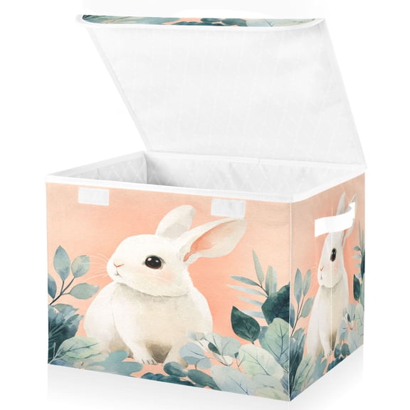 Large Fliplid Foldable Storage Bin Boxes Cubes Baskets with 2 Handles for Clothes Books 16.5x12.6x11.8 Inch Cute White Rabbit