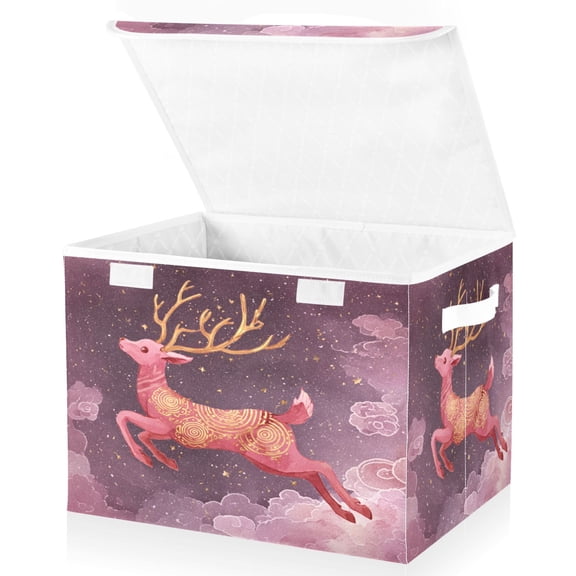 Large Fliplid Foldable Storage Bin Boxes Cubes Baskets with 2 Handles for Clothes Books 16.5x12.6x11.8 Inch Deer with Long Antlers