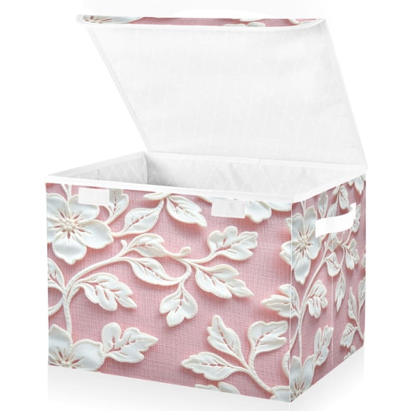 Large Fliplid Foldable Storage Bin Boxes Cubes Baskets with 2 Handles for Clothes Books 16.5x12.6x11.8 Inch Delicate White Lace Floral Pattern