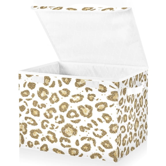 Large Fliplid Foldable Storage Bin Boxes Cubes Baskets with 2 Handles for Clothes Books 16.5x12.6x11.8 Inch Gold Leopard Print Pattern