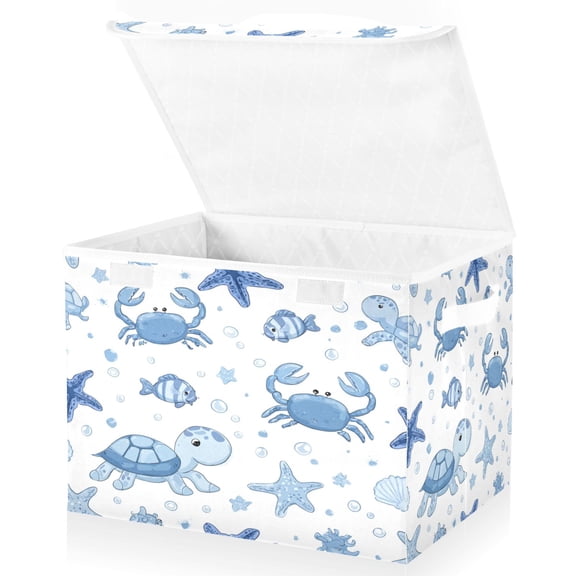 Large Fliplid Foldable Storage Bin Boxes Cubes Baskets with 2 Handles for Clothes Books 16.5x12.6x11.8 Inch Marine Organisms
