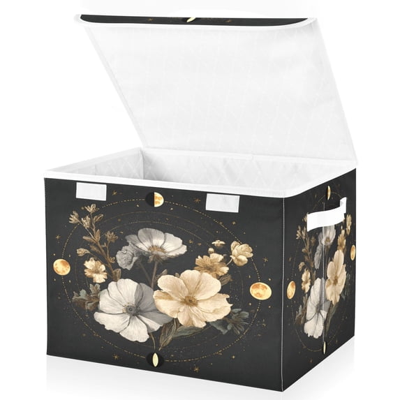 Large Fliplid Foldable Storage Bin Boxes Cubes Baskets with 2 Handles for Clothes Books 16.5x12.6x11.8 Inch Moon Phases with Flowers and Stars