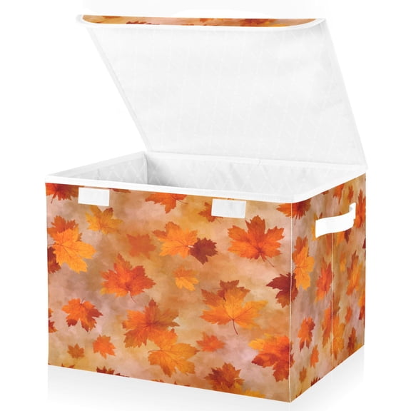 Large Fliplid Foldable Storage Bin Boxes Cubes Baskets with 2 Handles for Clothes Books 16.5x12.6x11.8 Inch Orange and Brown Autumn Leaves