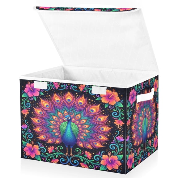 Large Fliplid Foldable Storage Bin Boxes Cubes Baskets with 2 Handles for Clothes Books 16.5x12.6x11.8 Inch Peacock with Iridescent Tail