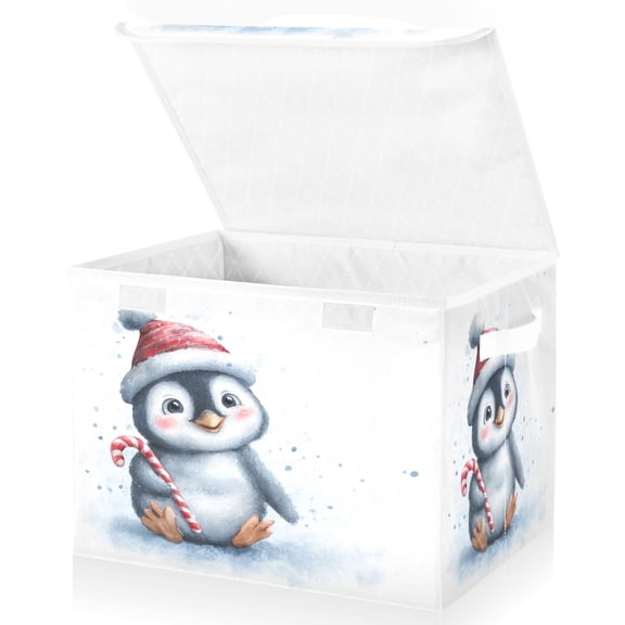 Large Fliplid Foldable Storage Bin Boxes Cubes Baskets with 2 Handles for Clothes Books 16.5x12.6x11.8 Inch Penguin Holding Candy Cane