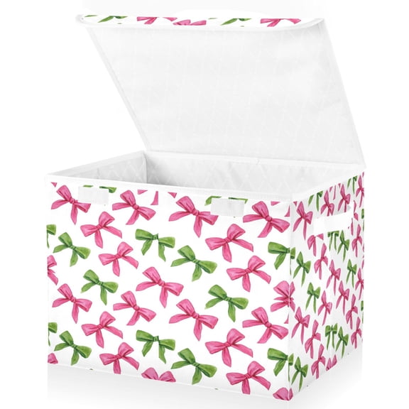Large Fliplid Foldable Storage Bin Boxes Cubes Baskets with 2 Handles for Clothes Books 16.5x12.6x11.8 Inch Pink Bows and Green Ribbons