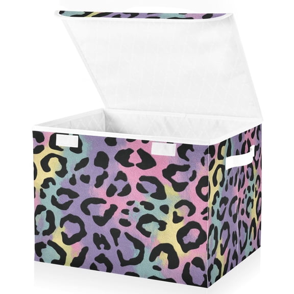Large Fliplid Foldable Storage Bin Boxes Cubes Baskets with 2 Handles for Clothes Books 16.5x12.6x11.8 Inch Rainbow Colors Leopard Print