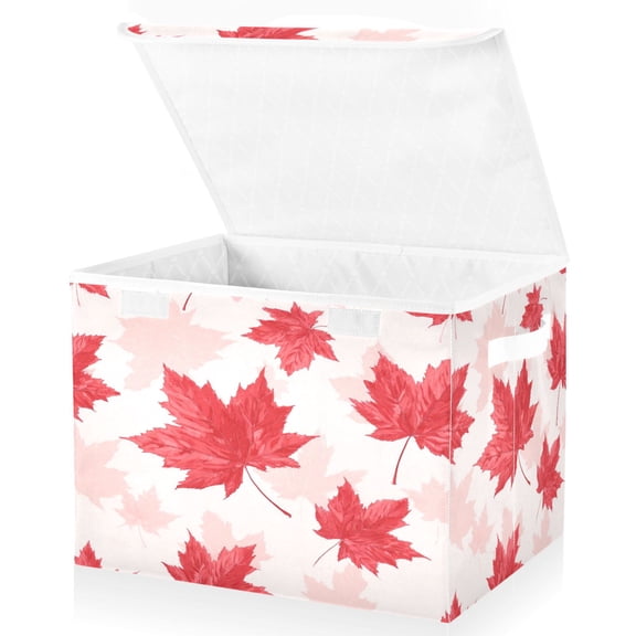 Large Fliplid Foldable Storage Bin Boxes Cubes Baskets with 2 Handles for Clothes Books 16.5x12.6x11.8 Inch Red Maple Leaves Pattern
